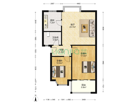 健达世纪园 2室1厅1卫 88平方
