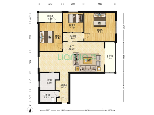 滨湖小区 3室1厅1卫 120平方