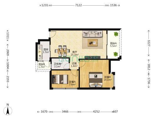 嘉景华庭 2室1厅1卫 77平方