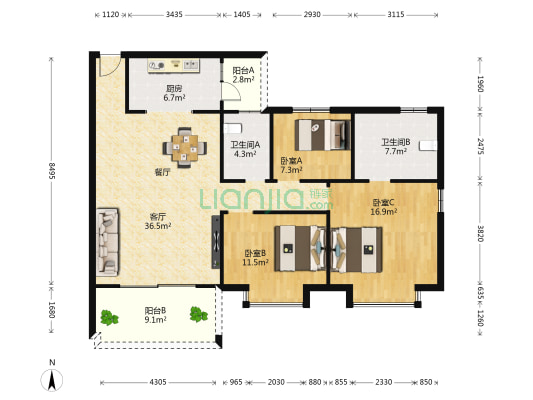 江临世家一期 3室1厅2卫 112平方