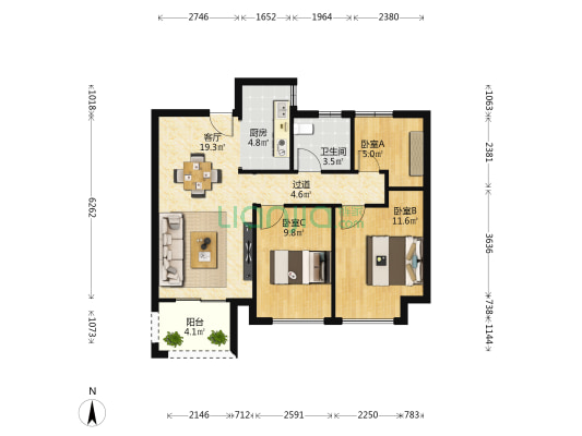 中原华侨城1号院 3室1厅1卫 88平方