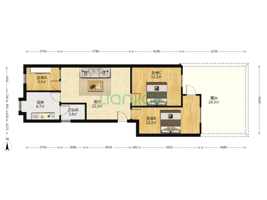 国贸宿舍 3室1厅1卫 61平方