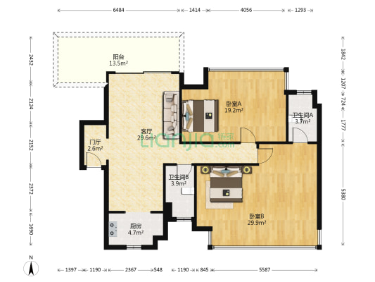君华•锦云 2室1厅2卫 124平方