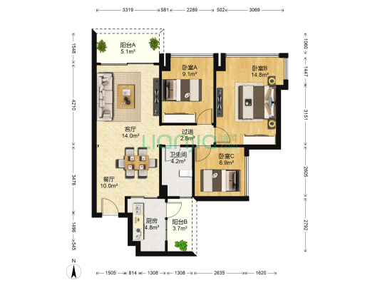 幸福天地 3室2厅1卫 89平方