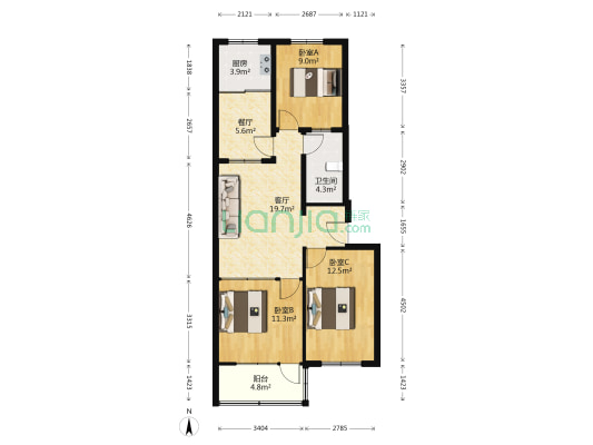 市建小区 3室2厅1卫 89平方