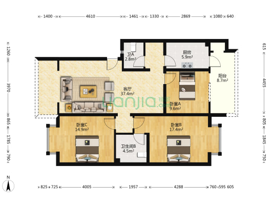 银海锦都 3室1厅2卫 111平方