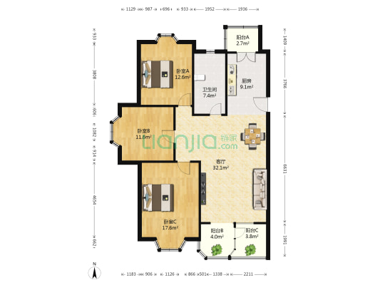 第六大道大洋嘉园 3室1厅1卫 120平方