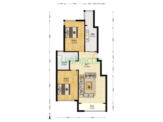 龙族峰景花园 2室1厅1卫 101平方