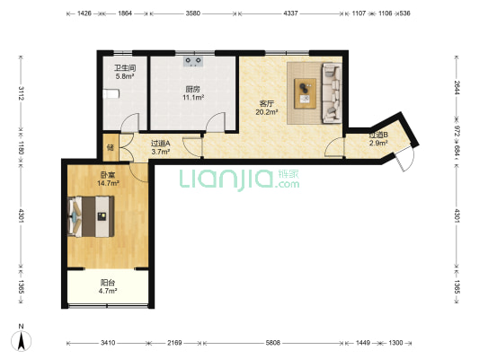 爱中爱华公寓 1室1厅1卫 89平方