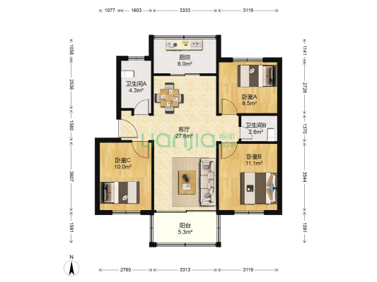 秀仁苑 3室1厅2卫 96平方