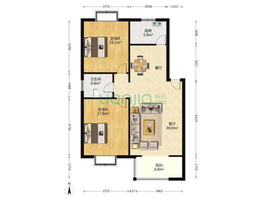 东方美地南区 2室1厅1卫 108平方