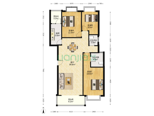 卧龙居 3室1厅2卫 124平方