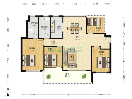 德威江誉城3期 4室1厅2卫 125平方
