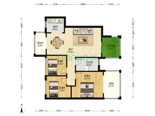 精装 三室 户型方正 小区地势平坦 有钥匙看房方便-户型图