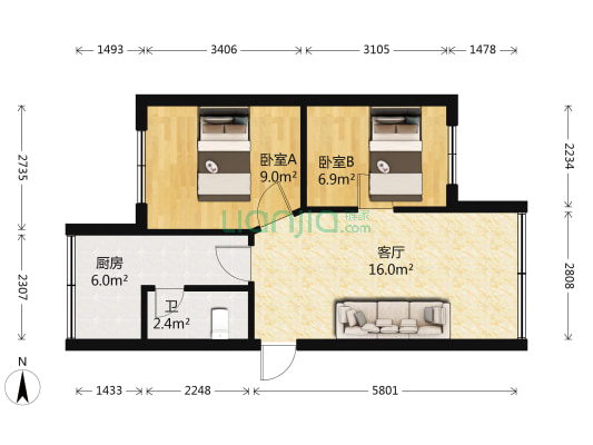 贵州电力设计研究院宿舍 2室1厅1卫 51平方