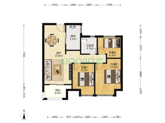 绿地天呈 3室1厅1卫 90平方