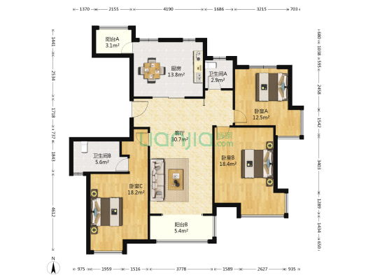保利御樽苑一期 3室1厅2卫 136平方