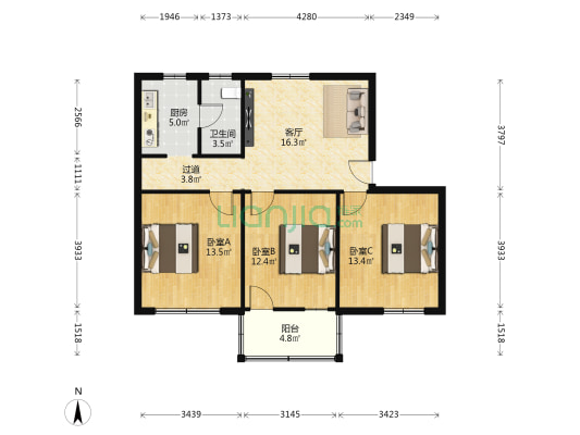 体院宿舍 3室1厅1卫 91平方