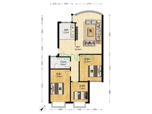 阳关小区 3室1厅1卫 86平方