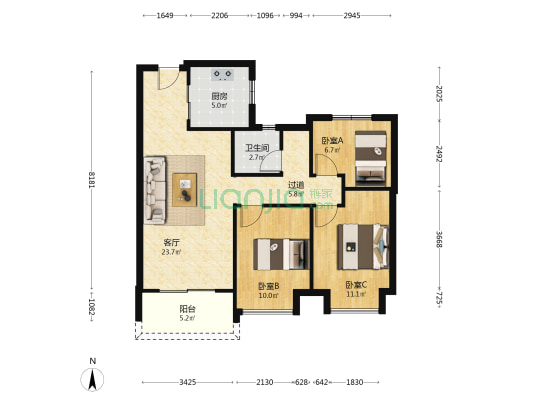 万科东湖堤白 3室1厅1卫 92平方