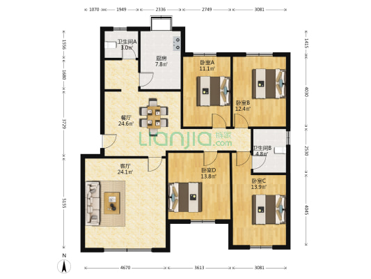 计划干部学校宿舍 4室2厅2卫 135平方