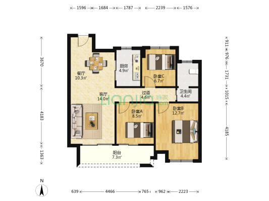万科海上明月 3室2厅1卫 105平方
