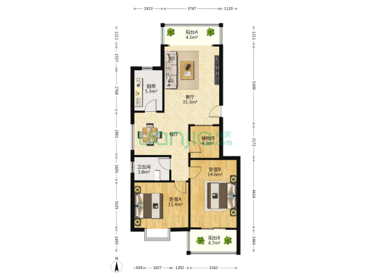 阳光新城 2室1厅1卫 98平方
