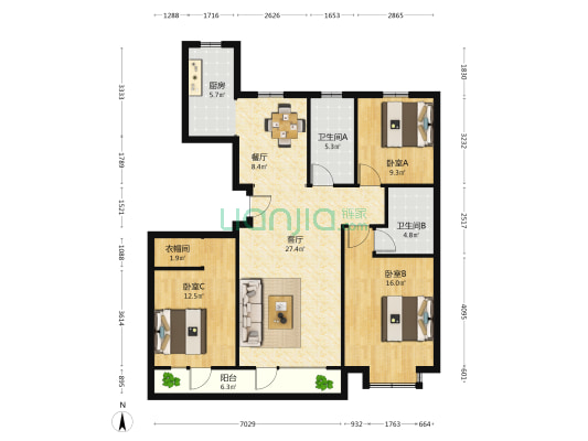 万福祥苑 3室2厅2卫 129平方