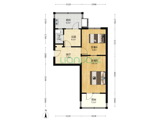 市纺织机械厂宿舍 2室1厅1卫 52平方