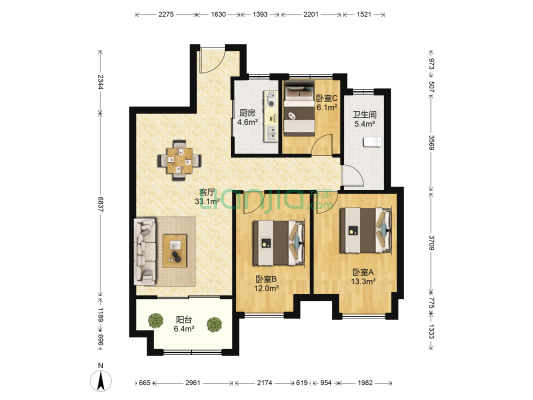 亲湖苑C区 3室1厅1卫 93平方