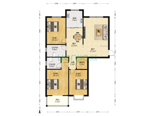 化纤所高层住宅小区 3室2厅2卫 148平方