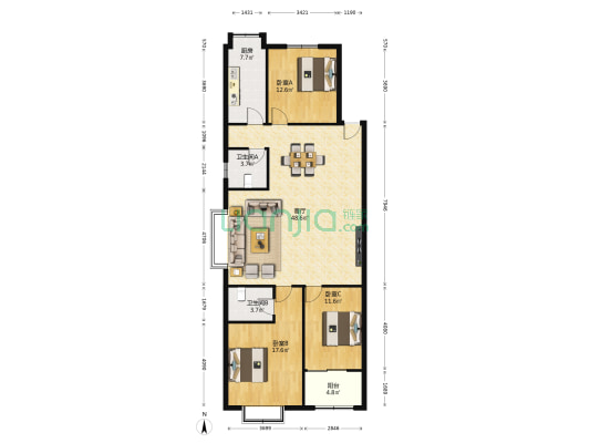 东汉公寓 3室1厅2卫 131平方