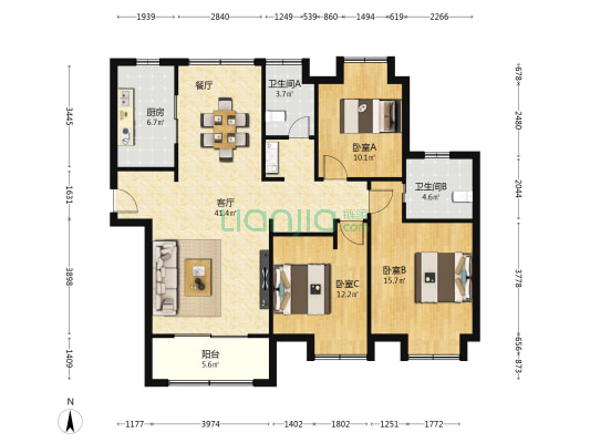 唐家苑(北区) 3室1厅2卫 133平方