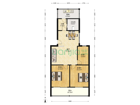 税务小区 3室1厅1卫 95平方