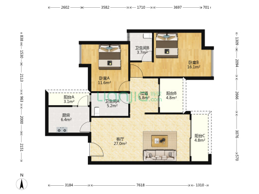 学府江山C区 2室1厅2卫 82平方