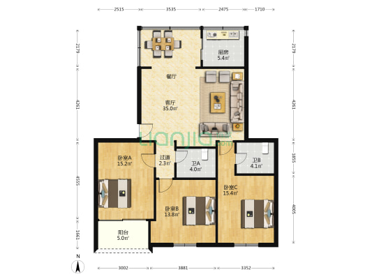 裕达楼 3室1厅2卫 116平方