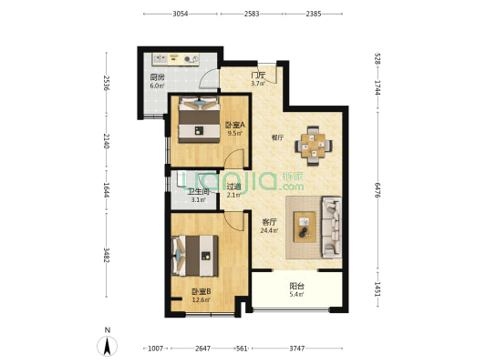 曲江悦 2室1厅1卫 87平方