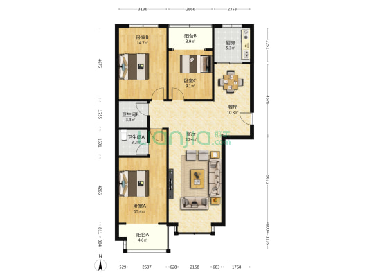 万和世家 3室2厅2卫 129平方