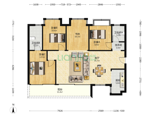 九境堂 4室1厅3卫 135平方