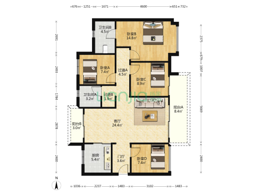 奥园弘阳公园一號 4室1厅2卫 123平方