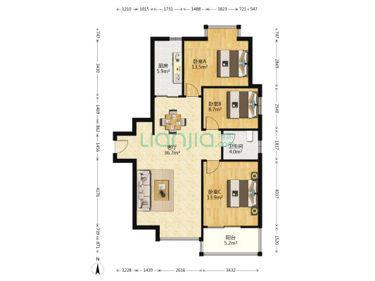 江林新城A区 3室1厅1卫 119平方