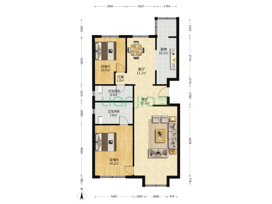 阳光家园 2室2厅2卫 124平方