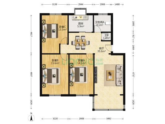 东湖小区 3室1厅2卫 91平方