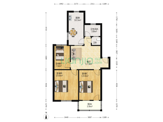 温馨花园北区 3室1厅2卫 90平方