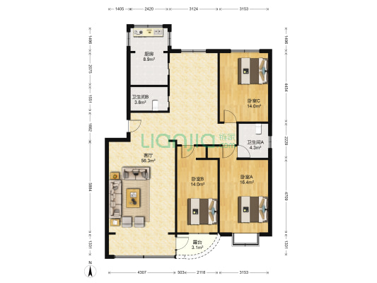 松苑小区 3室1厅2卫 147平方