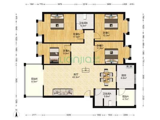 抚江社区一期 4室1厅2卫 135平方