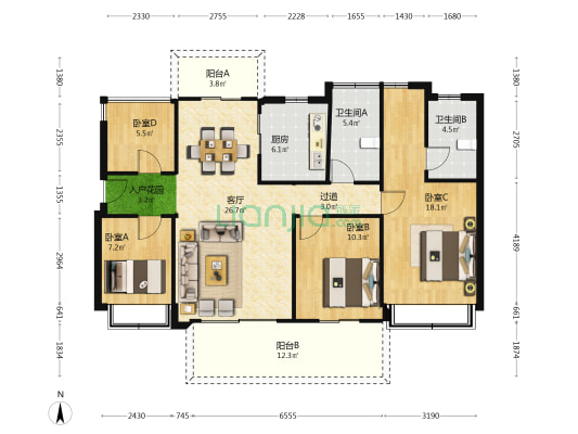 隆生鹿江花园 4室1厅2卫 127平方