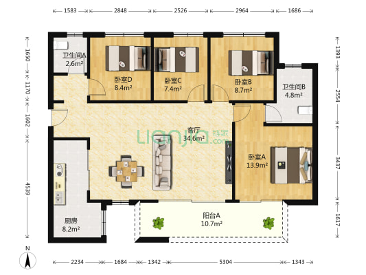 万科第五城二期 4室1厅2卫 117平方