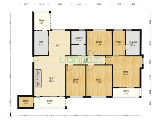阳光公寓 4室1厅2卫 167平方
