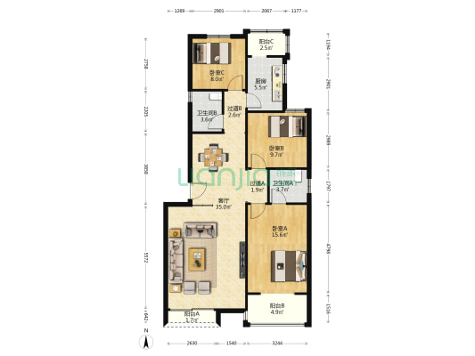 阳光苑B区 3室1厅2卫 117平方